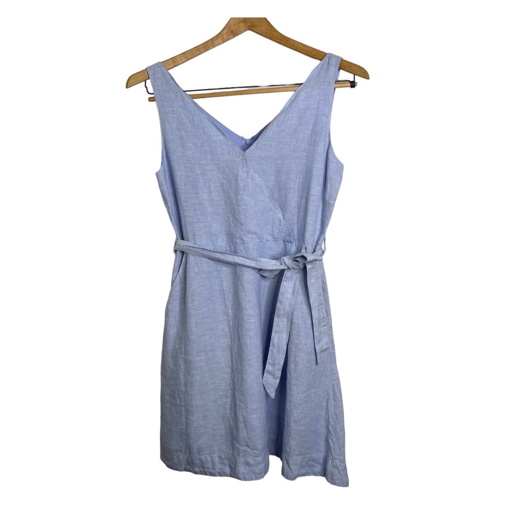 TAHARI Blue Chambray 100% Linen Tie Dress Pocket V-neck Sz 6 Preppy Minimalist
